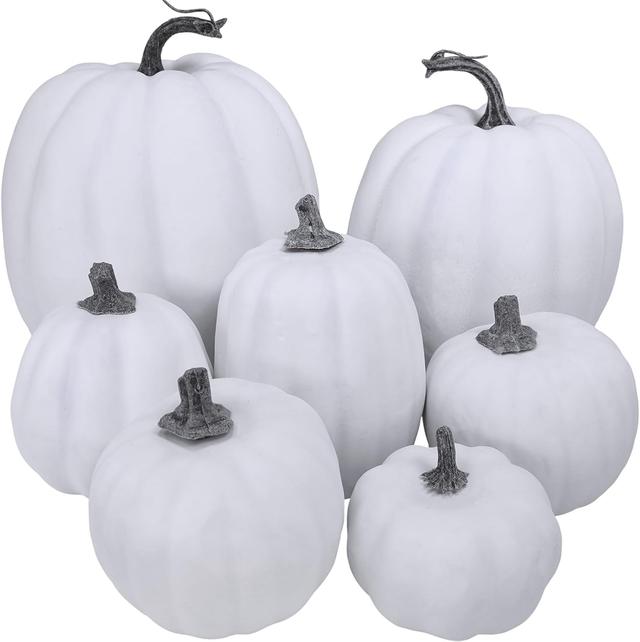 Product image of 7 Pcs Assorted Sizes Fall Artificial Pumpkins Harvest Pumpkins Faux Foam Pumpkins for Fall Autumn Season Halloween Thanksgiving Harvest Holiday Season Festive Tabletop Decoration (White)