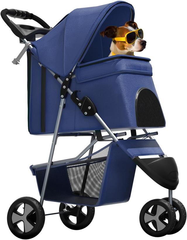 Product image of Magshion 3-Wheel Pet Stroller, Foldable Travel Jogger for Small & Medium Dogs & Cats (Up to 33lbs), Lightweight Carrier with Breathable Mesh Cover, Cup Holder & Storage Basket, Navy Blue