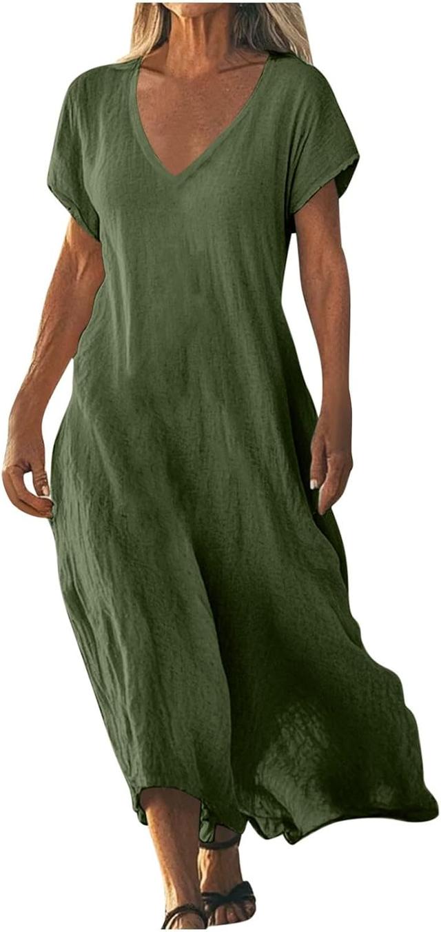 Product image of Linen Dresses for Women 2025 V Neck Short Sleeve Flowy Maxi Dress Summer Boho Casual Beach Long Dress Sundresses