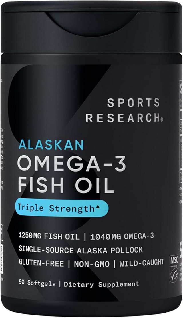 Product image of Sports Research Triple Strength Omega 3 Fish Oil - Burpless Fish Oil Supplement w/EPA & DHA Fatty Acids from Single-Source Wild Alaskan Pollock - 1250 mg, 90 ct