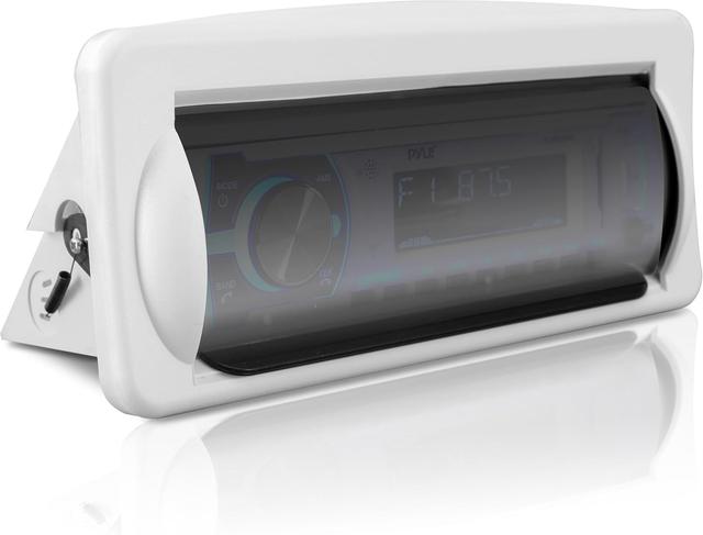 Product image of Water Resistant Marine Stereo Cover - Smoke Colored Heavy Duty Boat Radio Protector Shield with Flip-up Door & Spring Loaded Release - Mounting Gasket Included - Pyle PLMRCW2,White