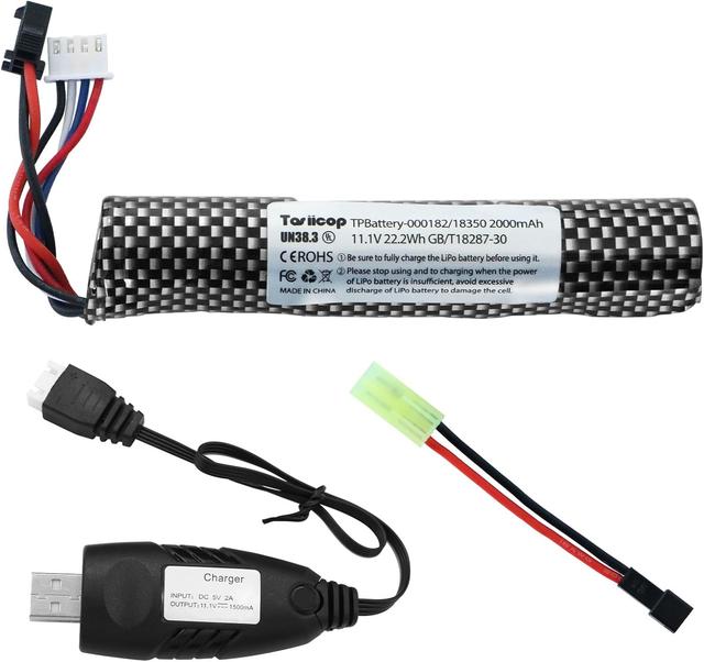 Product image of Airsoft Gel Blaster Battery - 11.1V 2000mAh Water Bead Splatter Ball Batteries with Mini Tamiya to SM2P Plug Rechargeable Charger Cable for Splat Ball Replacement - 1 Pack