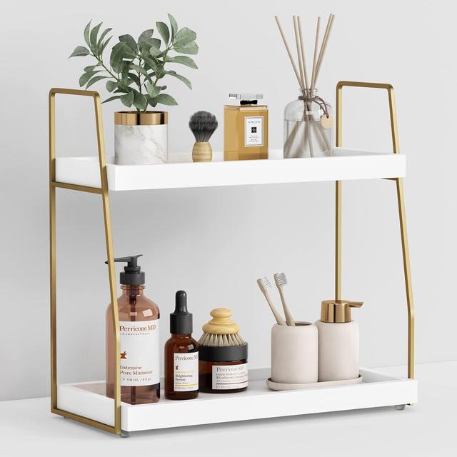 Product image of Forbena Bathroom Organizer Countertop, Counter Organizer for Bathroom Decor, Wooden Sink Shelf for Vanity Storage, Makeup Tray for Perfume Skincare Bedroom Kitchen Corner (2 Tier, White and Gold)