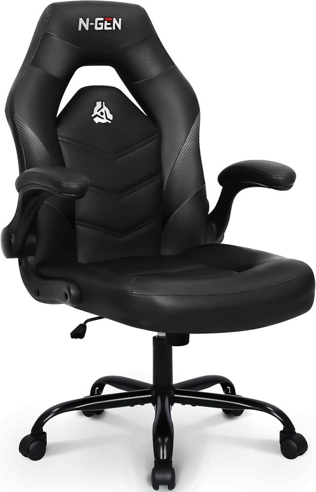 Product image of N-GEN Video Gaming Chair Ergonomic Computer Desk Office Chair with Lumbar Support Adjustable Height Swivel Wheels Flip-Up Arms PU Leather Home and Office (Black)