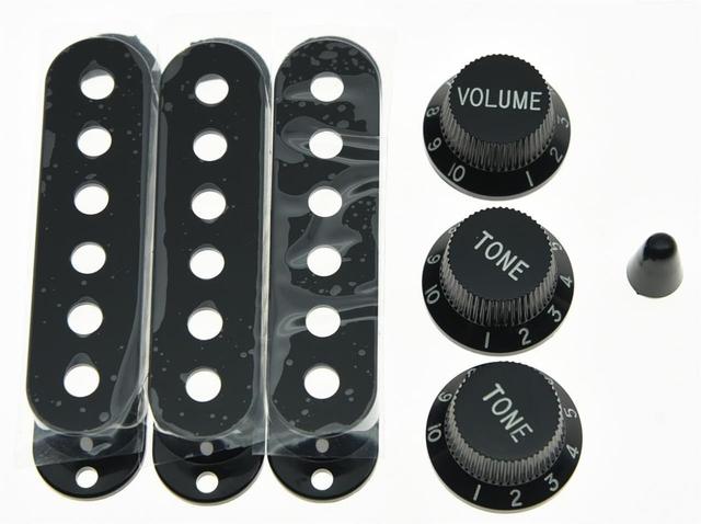 Product image of KAISH Black ST Strat Pickup Covers Knobs and 5 Way Switch Tip Cap