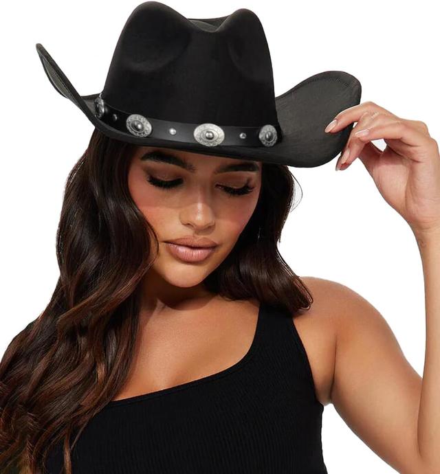 Product image of Womens Western Cowboy Hats Studded Pinched Western Cowgirl Hats Wide Brim Fedoras Hat with Belt Buckle (Size:Medium)