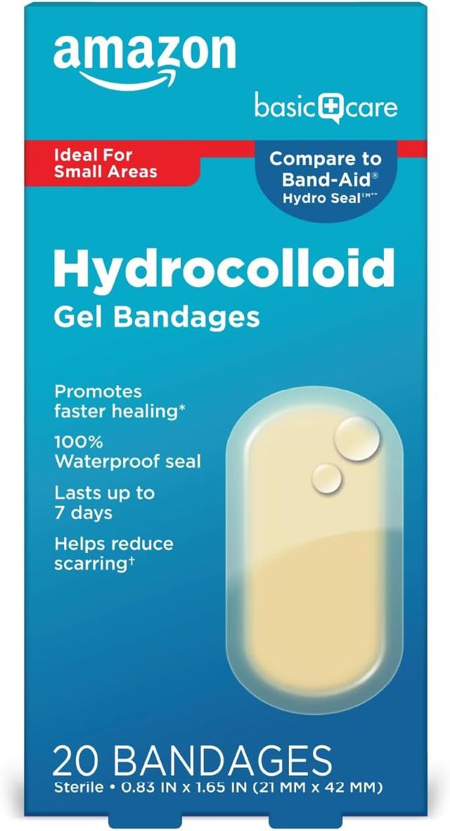 Product image of Amazon Basic Care Advanced Fast Healing Hydrocolloid Gel Bandages, Adhesive Wound Care Pads, 0.83 x 1.65 in, 20 Count Pack