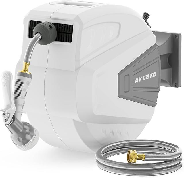 Product image of Ayleid Retractable Garden Hose Reel,1/2 in x 100 ft Wall Mounted Hose Reel, with 9- Function Sprayer Nozzle, Any Length Lock/Slow Return System/Wall Mounted/180°Swivel Bracket (Grey)