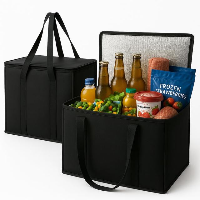 Product image of musbus 2-Pack, XL-Large Insulated Grocery shopping bags, Black, reusable bag,thermal zipper,Collapsible,tote,cooler,food transport hot and cold,camping, delivery groceries freezer