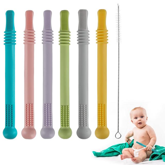 Product image of Fu Store Hollow Teether Tube Chew Straw Sensory Toy for Infant Toddlers Silicone Tubes Teething Toys for Babies 3-12 Months 0-36 Months Gifts Learning Developmental Toys BPA Free Freezable 6 Pack