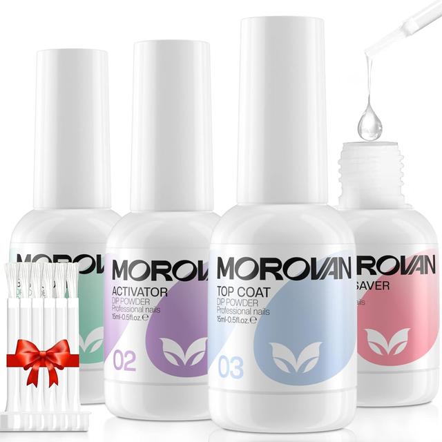 Product image of Morovan Dip Powder Liquid Set with Activator Base Top Coat and Dipping Powder Brush Saver 4pcs 0.5oz for Dip Powder Nail Kit