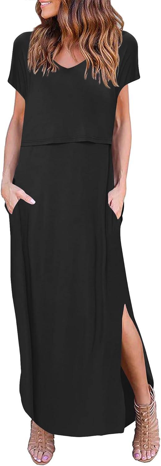 Product image of Ekouaer Women's Nursing Dress Summer V Neck Short Sleeve Maternity Split Long Dresses for Breastfeeding with Pockets S-XXL