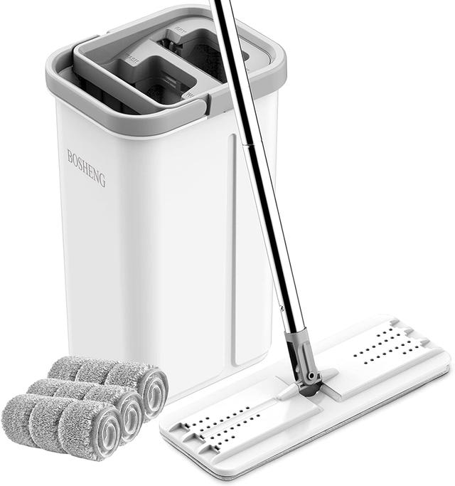 Product image of Mop and Bucket with Wringer Set, Hands Free Flat Floor Mop and Bucket, 3 Washable Microfiber Pads Included, Wet and Dry Use, Home Floor Cleaning System for All Floor Types and Windows