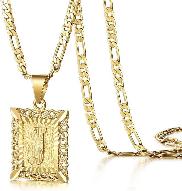 Product image of KissYan Initial Letter Pendant Necklace for Men Women, 14K Gold Plated Square Capital Monogram Necklace Alphabets from A-Z Figaro Chain Jewelry