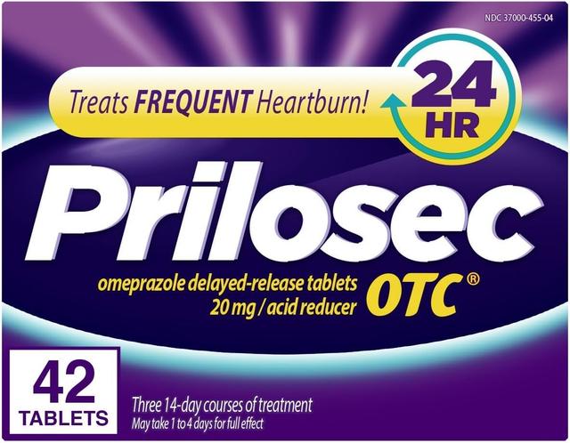 Product image of Prilosec OTC, Omeprazole Delayed Release 20mg, Acid Reducer, Treats Frequent Heartburn for 24 Hour Relief, All Day, All Night*, 20mg, 42 Tablets