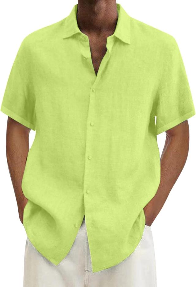 Product image of Mens Short Sleeve Cuban Shirts Casual Solid Lightweight Collared Button Down Shirts Vacation Beach Guayabera Summer Camp Tops