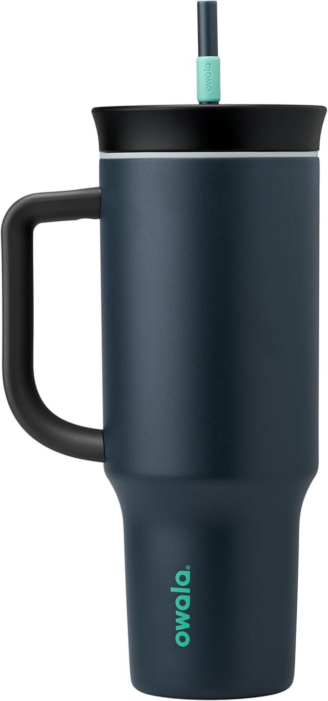 Product image of Owala Stainless Steel Triple Layer Insulated Travel Tumbler with Spill Resistant Lid, Straw, and Carry Handle, BPA Free, 40 oz, Gray (Foggy Tide)