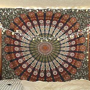 Product image of Bless International Handmade Indian hippie Bohemian Psychedelic Peacock Mandala Wall hanging College Dorm Beach Throws Table Cloth Bedding Tapestry (Golden Green, Queen(84x90Inches)(215x230Cms))