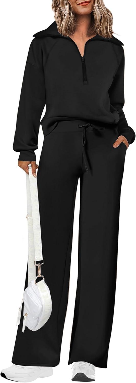 Product image of PRETTYGARDEN Women's 2 Piece Outfits Casual Lapel Half Zip Sweatshirts And Wide Leg Pants Tracksuit Sets