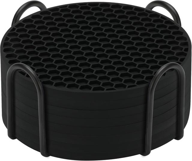 Product image of Silicone Coasters Set of 8 with Holder,Coasters for Drinks,Beer,Coffee Coasters,Suitable for Kinds Cups,Hot or Cold,Anti-SLI,Non-Stick,Anti-Overflow Tabletop Protection and Decor (8 Pcs, Black)