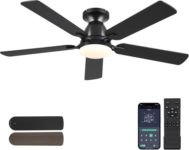 Product image of Ceiling Fans with Lights- 52" Low Profile Indoor Ceiling Fan with Light and Remote/APP Control, Flush Mount, LED Dimmable DC Reversible Modern Ceiling Fan for Bedroom（Black）