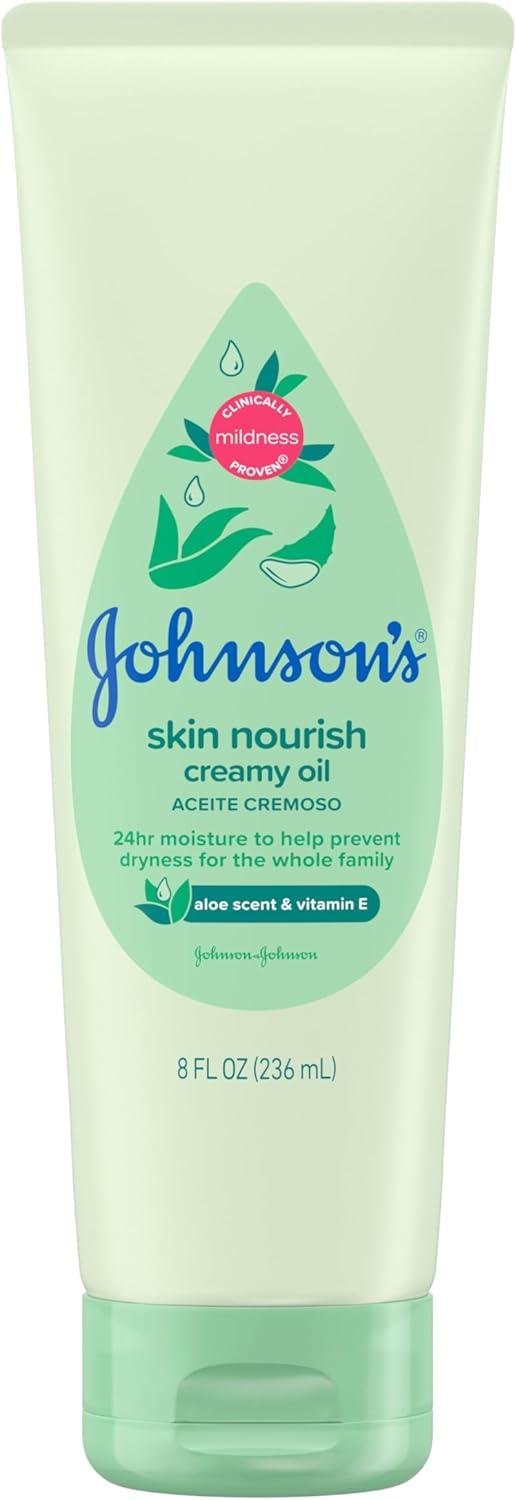 Product image of Johnson's Skin Nourish Creamy Oil, Aloe Scent & Vitamin E, Creamy Oil Helps Prevent Dryness & Moisturizes Baby's Delicate Skin for 24 Hours, Hypoallergenic & Non-Greasy, 8 fl. oz