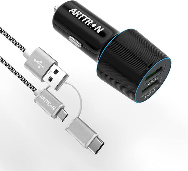 Product image of Fast USB Car Charger, Arttron Quick Charge 3.0 24W 4.8A Car Charger Adapter. with 3ft USB Type C &Micro 2 in 1 Fast Charging Cable,for iPhone/Samsung S24/S23/S22/S22+/Ultra/S21/Note 9/S10/