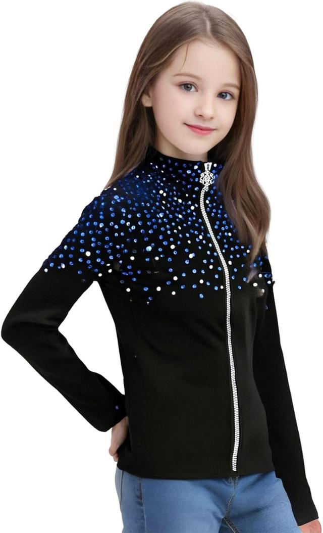 Product image of Girl's Black Ice Skating Training Jacket with Blue Rhinestones and Plush Stylish and Warm Skating Training Clothes