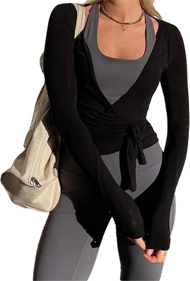 Product image of Womens Ballet Wrap Top Long Sleeve Tie Front Workout Cover Up Pilates Yoga Tops Y2k Fairy Coquette Shirt Going Out