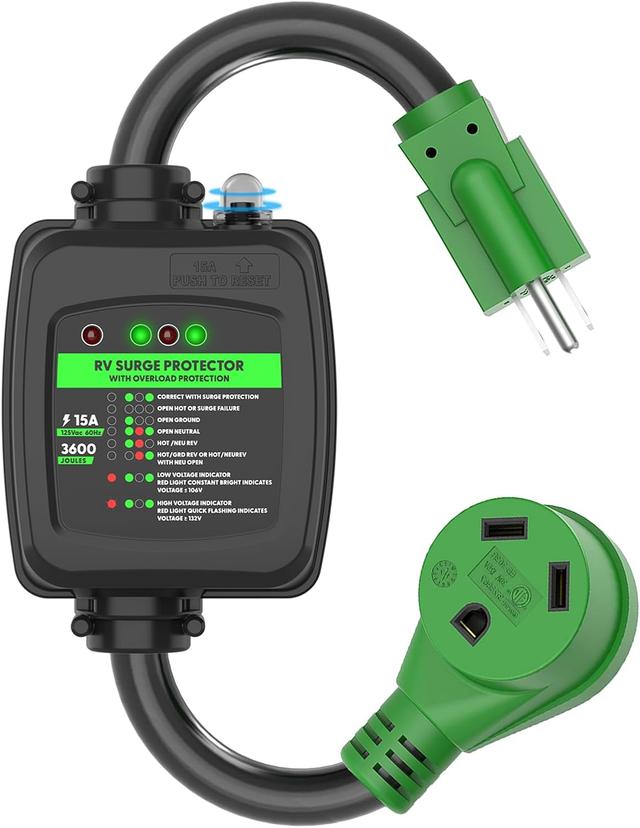 Product image of RVGUARD Surge Protector 30 Amp to 110 Volt RV Adapter Cord with Overload Protection, NEMA 5-15P to NEMA TT-30R Electrical Power Adapter, 2 Feet, Green, ETL Listed