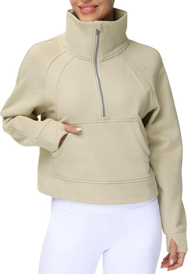 Product image of THE GYM PEOPLE Womens' Half Zip Pullover Fleece Stand Collar Crop Sweatshirt with Pockets Thumb Hole