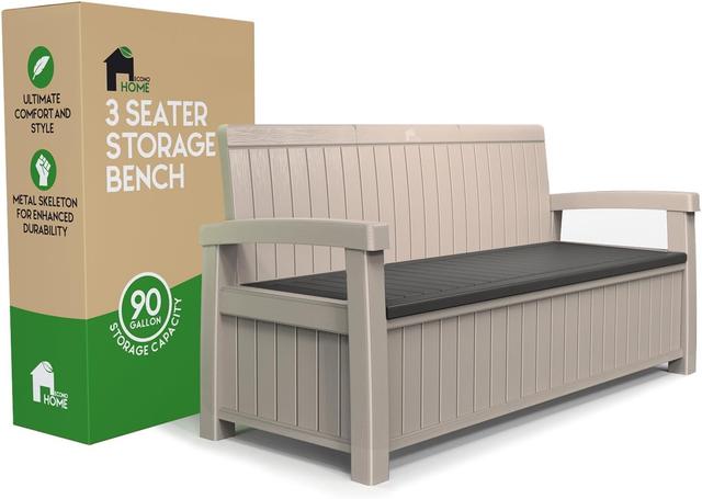 Product image of EconoHome 3 Seat Outdoor Storage Bench - 90 Gallon Capacity - Weatherproof Resin Bench for Patio, Porch, Garden, Yard, Pool Area - Furniture for Pool Accessories, Gardening Tools, Toys