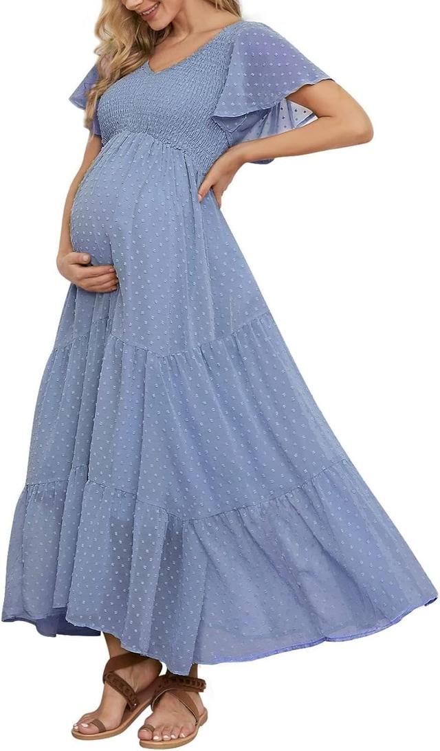 Product image of Swiss Dot Smocked Maternity Dress for Baby Shower Photoshoot Casual V Neck Ruffle Sleeve Empire Waist Tiered Boho Dress