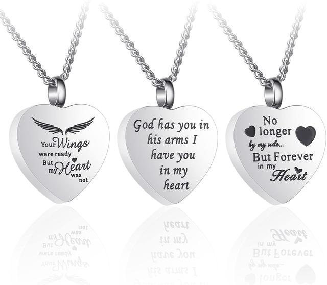 Product image of 3 Pack Urn Necklace for Ashes Memorial Cremation Jewelry Ashes, Heart Silver Locket Stainless Steel Urns Pendant Keepsake with Different Words & Funnel Kit Bag