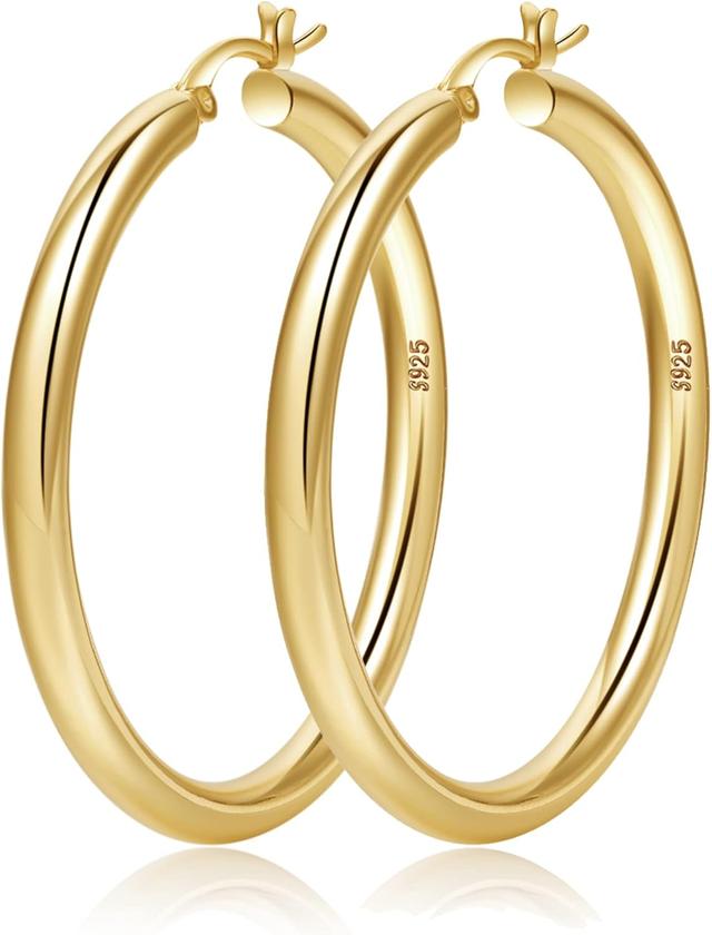 Product image of 4mm Thick Gold Chunky Earrings Steling Silver Post Hoops Earrings For Women Hollow Tube Hoops Earrings Thick Gold Hoop Earrings Hypoallergenic Lightweight Gold Hoop Large Earrings 20/30/40/50/60MM