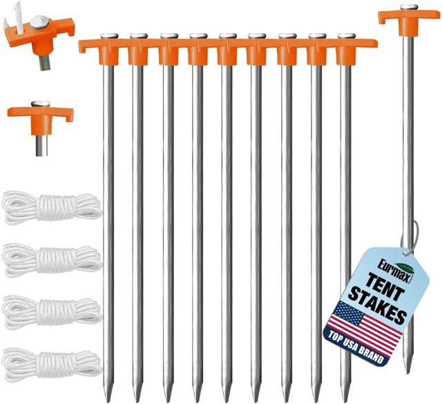 Product image of Eurmax USA Galvanized Non-Rust Camping Family Tent Pop Up Tent Stakes Canopy Anchors Heavy Duty 10pc-Pack, with 4x10ft Ropes & 1 Orange Stopper