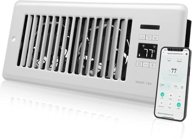 Product image of Super Quiet Register Booster Fan for 4" x 10" Register Holes, Smart Register Vent with Dual Intelligent Thermostat and WIFI App Control, Heating Cooling AC Vent Fan (White)