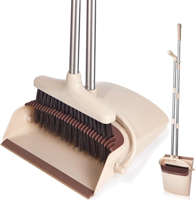 Product image of Broom and Dustpan Set with Long Handle, Light Weight Stainless Steel Poles Stand Upright Dustpans with Broom Combo for Home Kitchen Office Pet Dog Hair, Brown & Beige Color, 1-Pack