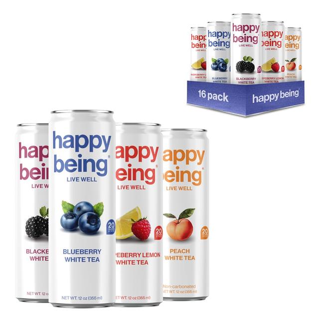 Product image of Happy Being Nutrient Rich Organic White Tea Sampler Pack –: Blueberry, Blackberry Citrus, Raspberry Lemonade, Peach Rose -Infused with Turmeric,Elderberry, Vitamin D3, |16 Cans(4 Flavors)