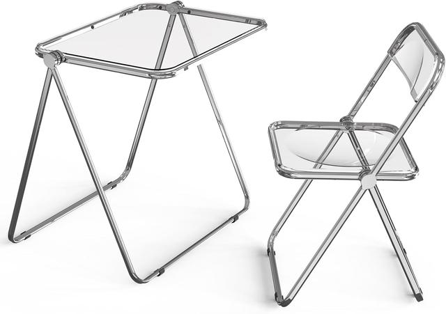 Product image of VINGLI Folding Acrylic Table and Chair Set Small TV Tray for Snack Dinner on Couch, Tiny Foldable Desk Writing Desk for Home Office for Small Spaces