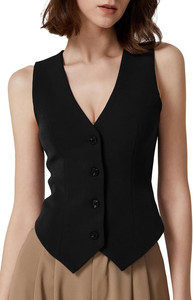 Product image of QINSEN Womens V Neck Vest Top Sleeveless Button Down Fully Lined Solid Going Out Crop Tops