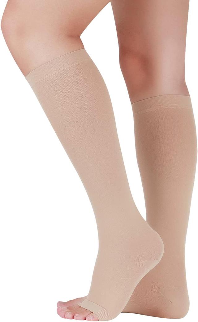 Product image of Lin Performance 20-30 mmHg Medical Compression Socks for Women and Men Knee High Open Toe Stockings Varicose Vein Swollen legs(M, Beige)