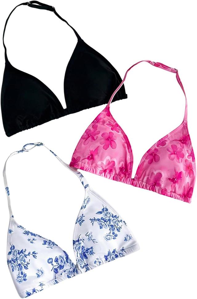 Product image of Girl's 3 Packs Floral Halter Bikini Tops Wireless Padded Bathing Suit Tops Swimsuit Bras