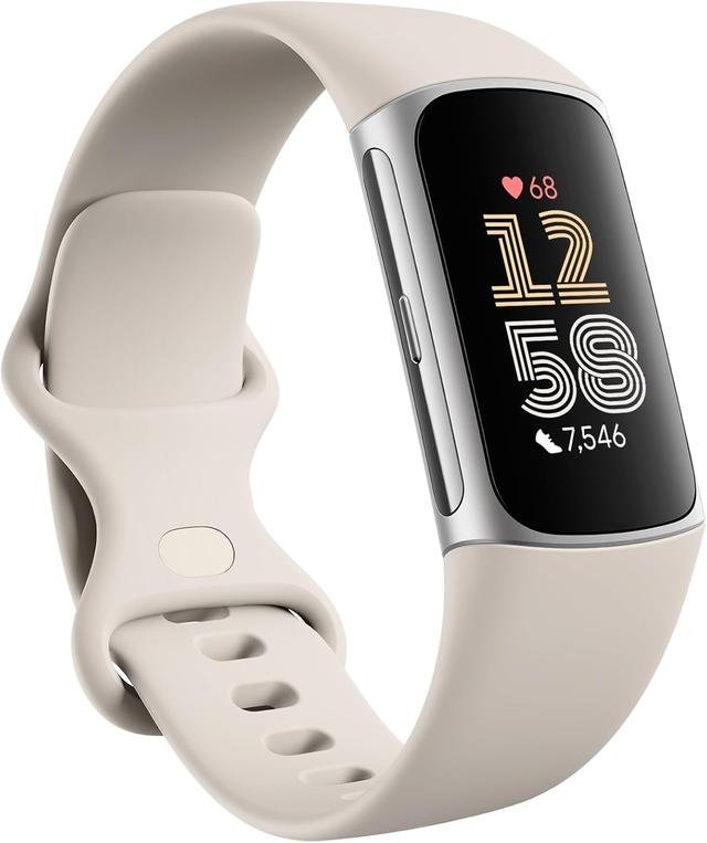 Product image of Fitbit Charge 6 Fitness Tracker with Google apps, Heart Rate on Exercise Equipment, 6-Months Premium Membership Included, GPS, Health Tools and More, Porcelain/Silver, One Size (S & L Bands Included)