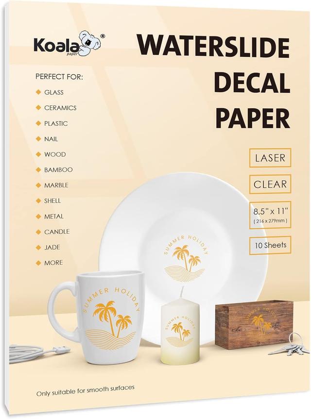Product image of Koala Waterslide Decal Paper for Laser Printer - Clear Transparent - 10 Sheets Water Slide Transfer Paper - 8.5x11 Inches