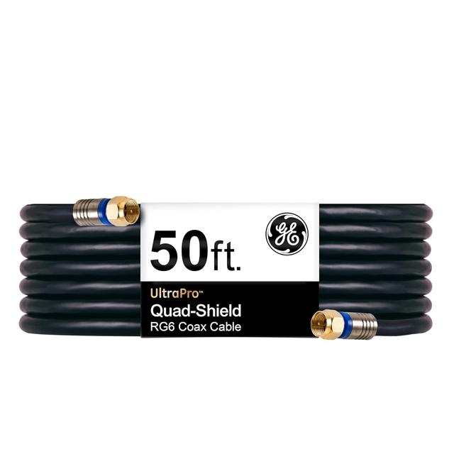 Product image of GE RG6 Coaxial Cable, 50 ft. F-Type Connectors, Quad Shielded Coax Cable, 3 GHz Digital, In-Wall Rated, Ideal for TV Antenna, DVR, VCR, Satellite, Cable Box, Home Theater, Black, 33532