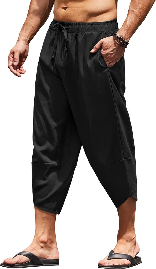 Product image of COOFANDY Men's Linen Harem Capri Pants Lightweight Loose 3/4 Shorts Drawstring Elastic Waist Casual Beach Boho Yoga Trousers