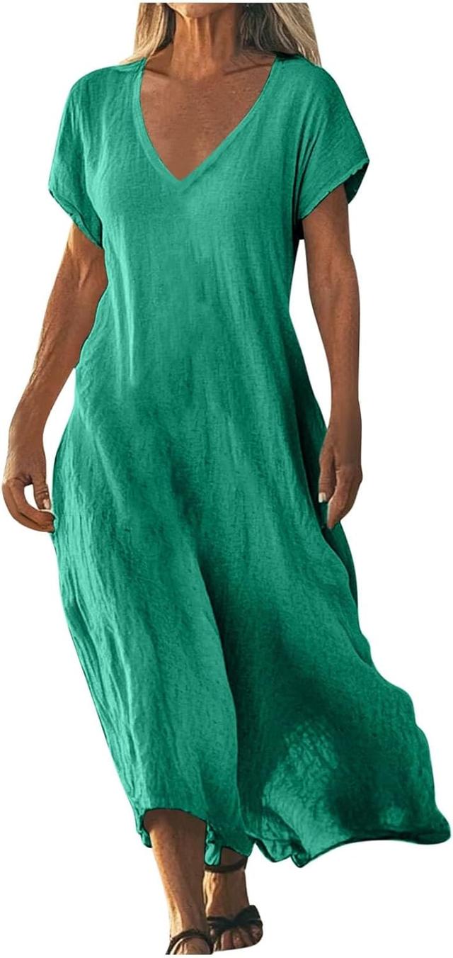 Product image of Womens Summer V Neck Solid Color Linen Loose Fit Sundress Fashion Short Sleeve Flowy Vacation Beach Maxi Dress