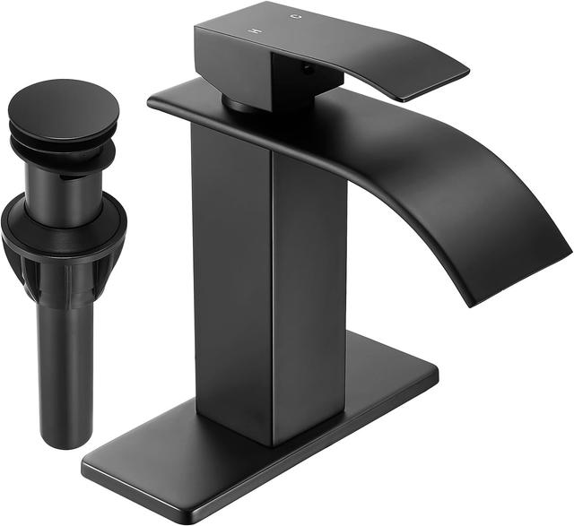 Product image of Fransiton Black Waterfall Bathroom Faucet Lavatory Single Handle 1 or 3 Hole Bathroom Sink Faucet Washbasin Faucet with Deck and Pop-up Drain