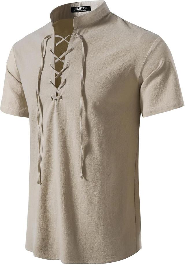 Product image of Men's Pure Cotton Vintage Short Sleeve Lace Up Shirts for Renaissance Pirate Viking Medieval Costume